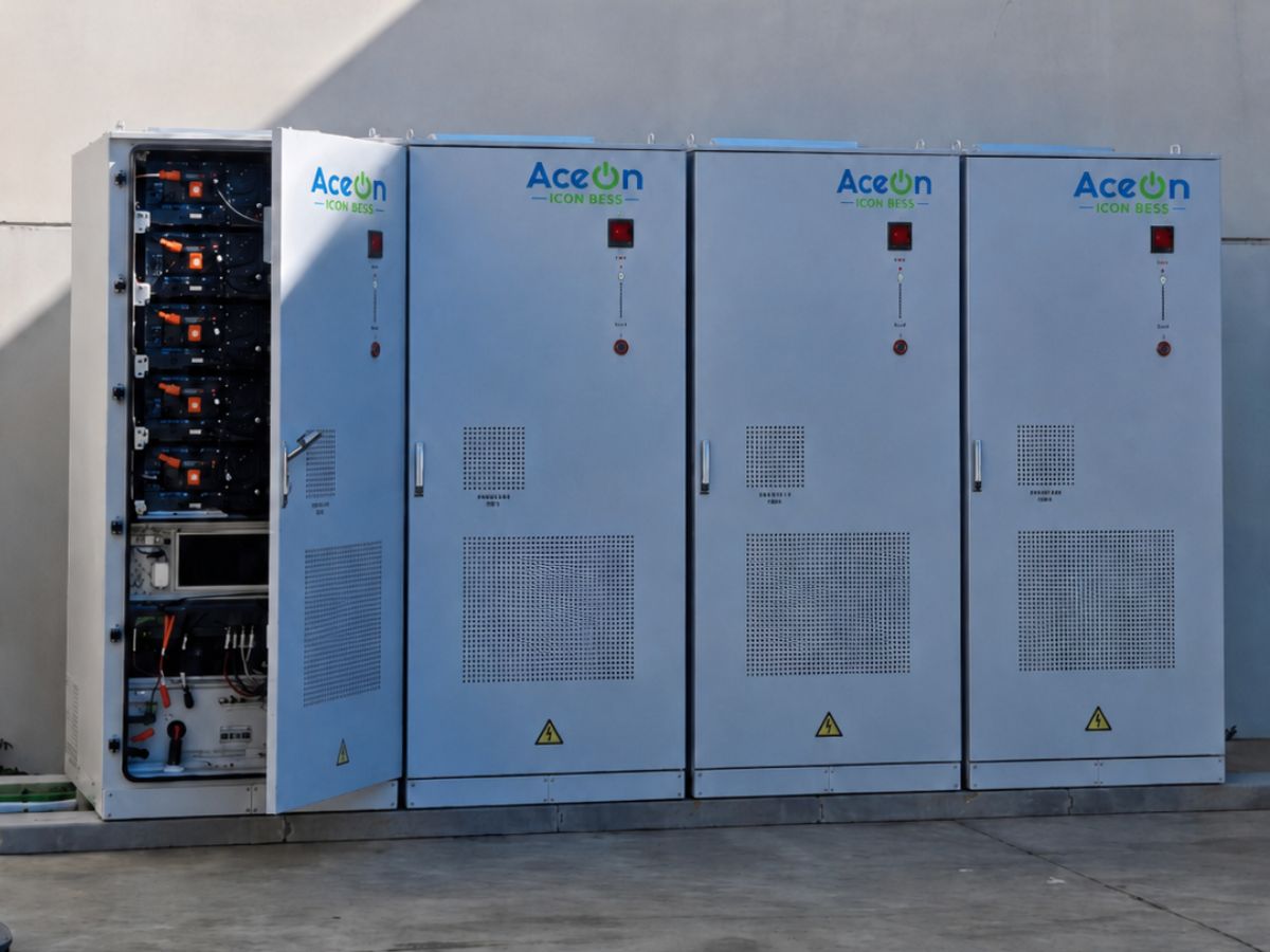 AceOn iCON BESS 100kW 215kWh liquid-cooled battery storage cabinet in a live installation